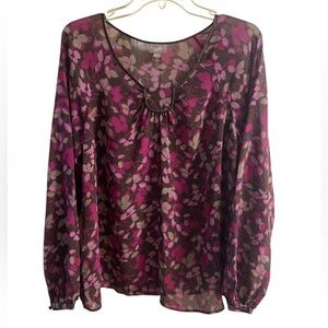 J Jill silk blouse abstract floral peasant sleeve pop over Medium